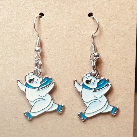 Stainless Steel Earring Hooks Polar Bears Ice-Skating with Blue Accents Handmade - Picture 1 of 4